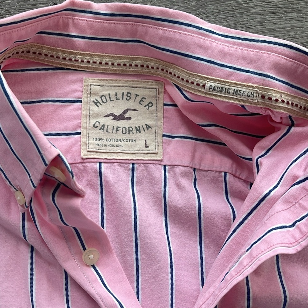 Hollister Pink Navy White Stripe Long Sleeve Button Down Shirt Size Large - Picture 6 of 6
